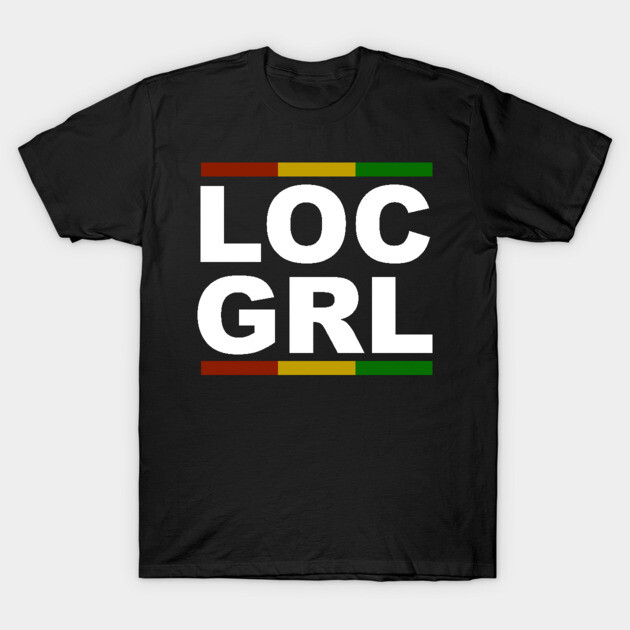 Black t-shirt with "LOC GRL" in bold white letters and colorful accents, casual style, cotton material.