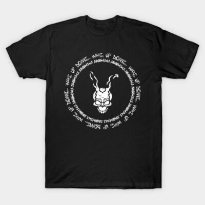 Black graphic t-shirt with white abstract design and text, casual style, cotton material, unisex.