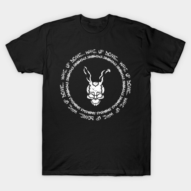 Black graphic t-shirt with white abstract design and text, casual style, cotton material, unisex.