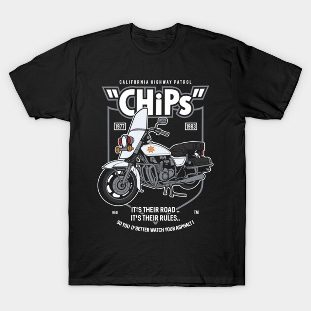 Black graphic T-shirt featuring vintage motorcycle design and "CHiPs" text, ideal for casual wear. 100% cotton.