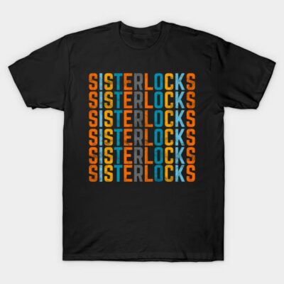 Black graphic T-shirt with colorful "Sisterlocks" text design, casual style, ideal for everyday wear.