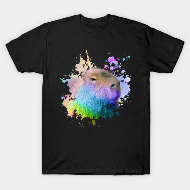 Black t-shirt featuring a colorful capybara graphic with paint splatter design, perfect for casual wear.