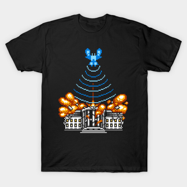 Black t-shirt with retro pixel art design featuring a building and explosions, suitable for casual wear.