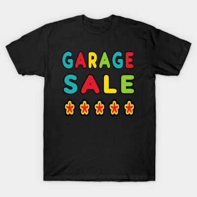 Black t-shirt with colorful "Garage Sale" text and star graphics, casual style, cotton material, unisex design.
