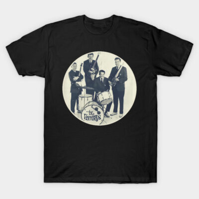 Black graphic t-shirt featuring vintage band design, casual fit, soft cotton material, ideal for music enthusiasts.