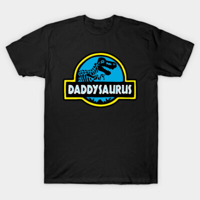 Black "Daddysaurus" graphic t-shirt with blue and yellow dinosaur design, casual wear, cotton material.