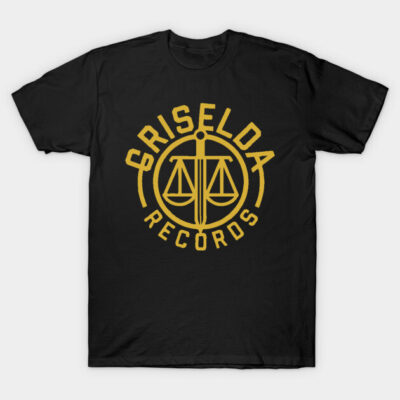 Black t-shirt with gold "Griselda Records" logo, casual style, perfect for music fans, made from soft cotton fabric.