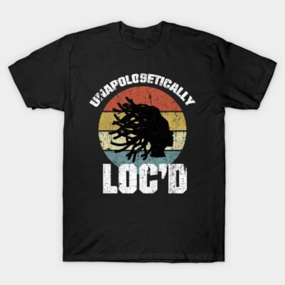 Black t-shirt with "Unapologetically Loc'd" text, retro sunset graphic, casual style, cotton material.