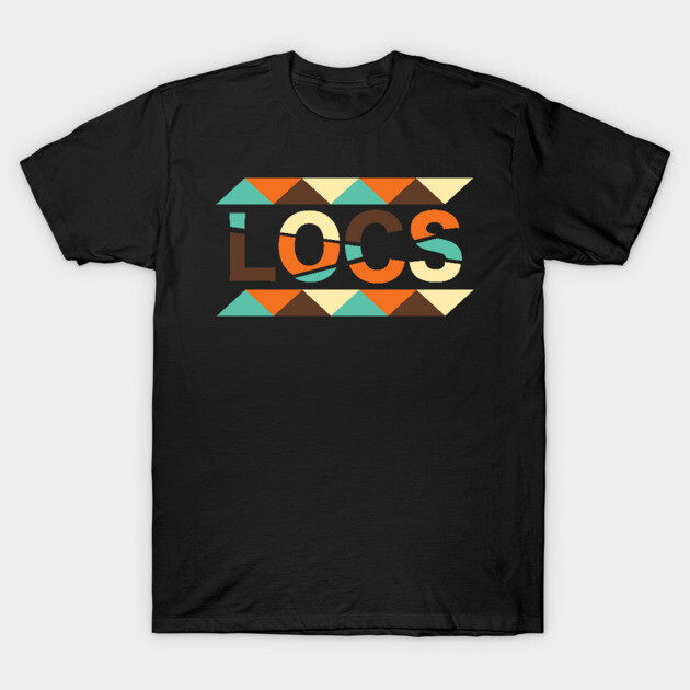 Black T-shirt with colorful geometric "LOCS" design, casual style, cotton material, perfect for everyday wear.