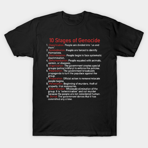 Black cotton t-shirt with "10 Stages of Genocide" text in red and white, casual wear, educational message.