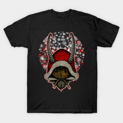 Black t-shirt with festive design, featuring a horned red hood and snowflakes, perfect for holiday wear.