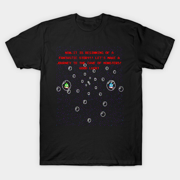 Black retro graphic T-shirt with colorful pixelated design and text, perfect for casual wear or gaming enthusiasts.