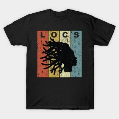 Black t-shirt with colorful vintage design featuring silhouette and "LOCS" text, ideal for casual wear.