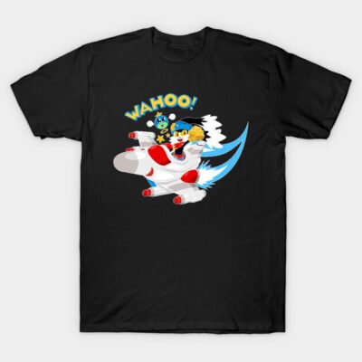 Black graphic tee with cartoon characters and "Wahoo!" text, casual style, cotton material. Perfect for everyday wear.