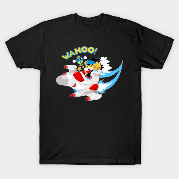 Black graphic tee with cartoon characters and "Wahoo!" text, casual style, cotton material. Perfect for everyday wear.