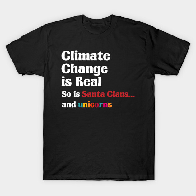 Black cotton t-shirt with "Climate Change is Real" slogan in white, red, and colorful text. Casual style, unisex.