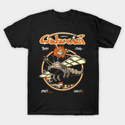 Black Galaxian-themed graphic T-shirt, retro arcade design, cotton material, casual wear.