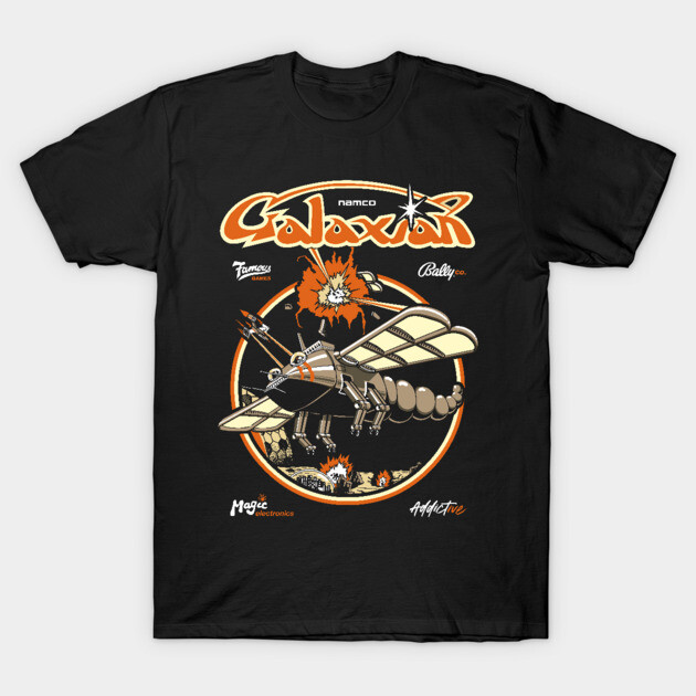 Black Galaxian-themed graphic T-shirt, retro arcade design, cotton material, casual wear.