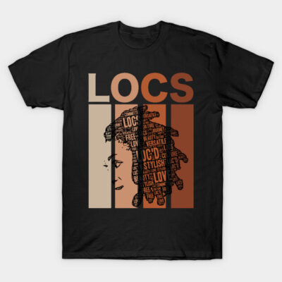 Black t-shirt with "LOCS" design featuring artistic text graphics and neutral color blocks. Ideal for casual wear.