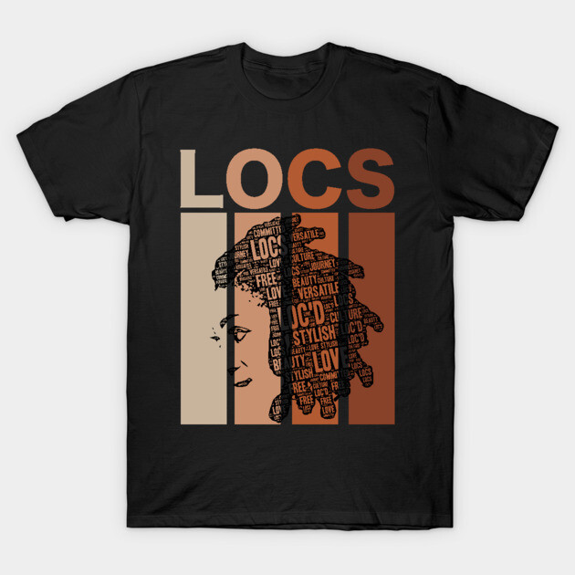 Black t-shirt with "LOCS" design featuring artistic text graphics and neutral color blocks. Ideal for casual wear.