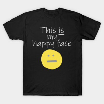 Black cotton t-shirt with "This is my happy face" text and yellow smiley graphic, casual style.