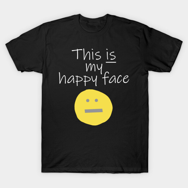 Black cotton t-shirt with "This is my happy face" text and yellow smiley graphic, casual style.