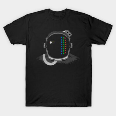 Black astronaut-themed graphic t-shirt featuring a retro video game design, perfect for casual wear.