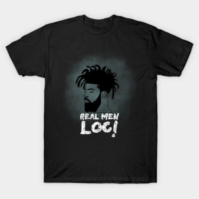 Black t-shirt with graphic design, "Real Men Loc" text, trendy and comfortable for casual wear.