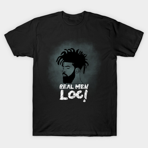 Black t-shirt with graphic design, "Real Men Loc" text, trendy and comfortable for casual wear.