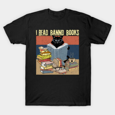 Black t-shirt with "I Read Banned Books" print, featuring a cat reading among books and a coffee cup.