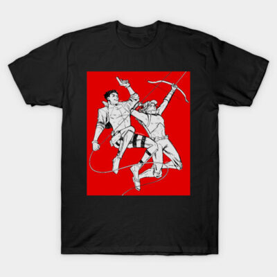 Black t-shirt with dynamic graphic of two archers on a red background, made of soft cotton, perfect for casual wear.