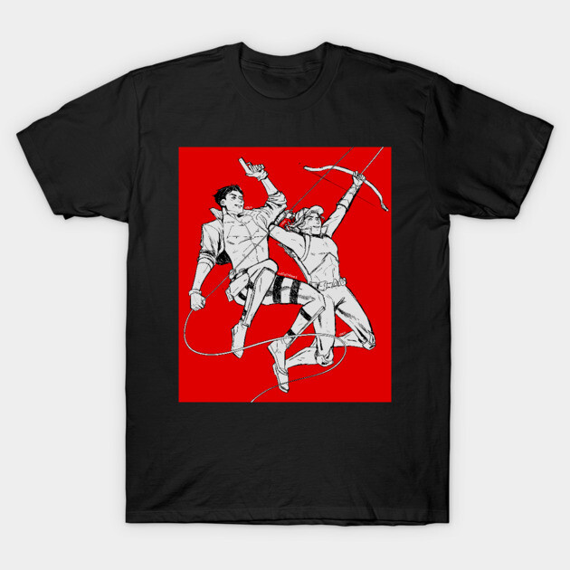 Black t-shirt with dynamic graphic of two archers on a red background, made of soft cotton, perfect for casual wear.
