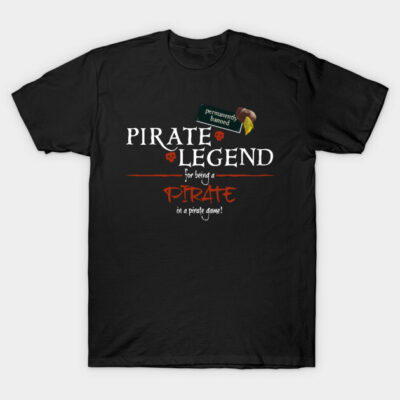Black t-shirt with "Pirate Legend" graphic, ideal for gaming fans. Casual wear, soft cotton material.