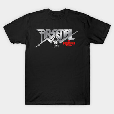 Black Arsenal graphic T-shirt, retro '86 live concert design, short sleeve, cotton, casual wear.