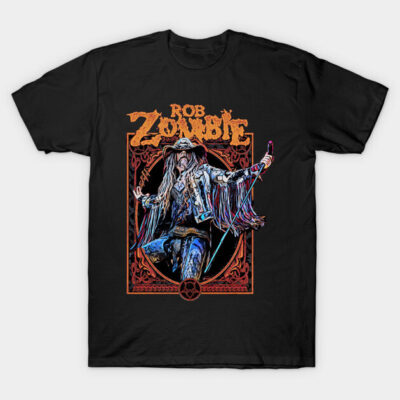 Black graphic tee featuring colorful rock musician design with fringe jacket, ideal for music fans, 100% cotton.