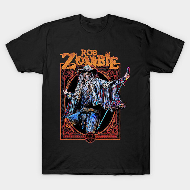 Rob Zombie T-Shirt 1 Black graphic tee featuring colorful rock musician design with fringe jacket, ideal for music fans, 100% cotton.