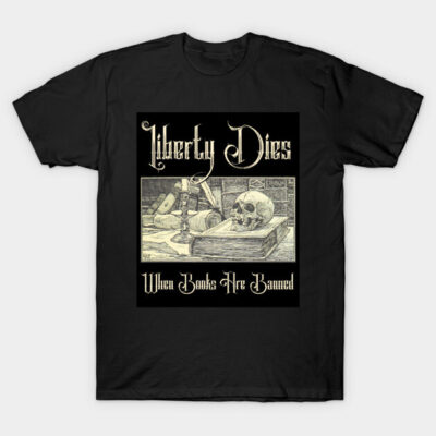 Black t-shirt with "Liberty Dies" graphic, featuring skull and book design. Ideal for casual wear and statement style.