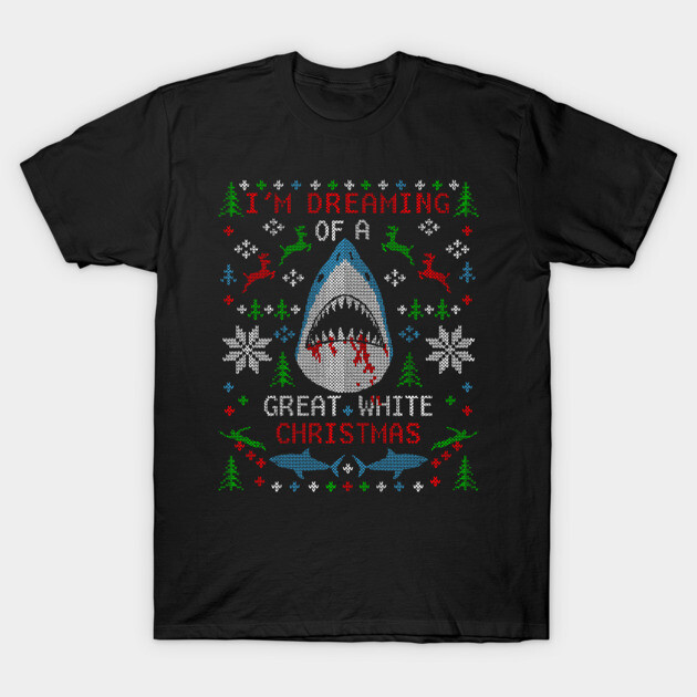 Black Christmas-themed t-shirt featuring shark design with festive graphics, perfect for holiday wear.