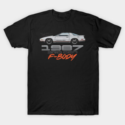 Black t-shirt with vintage white car graphic and "1987 F-Body" text, perfect for car enthusiasts and casual style.
