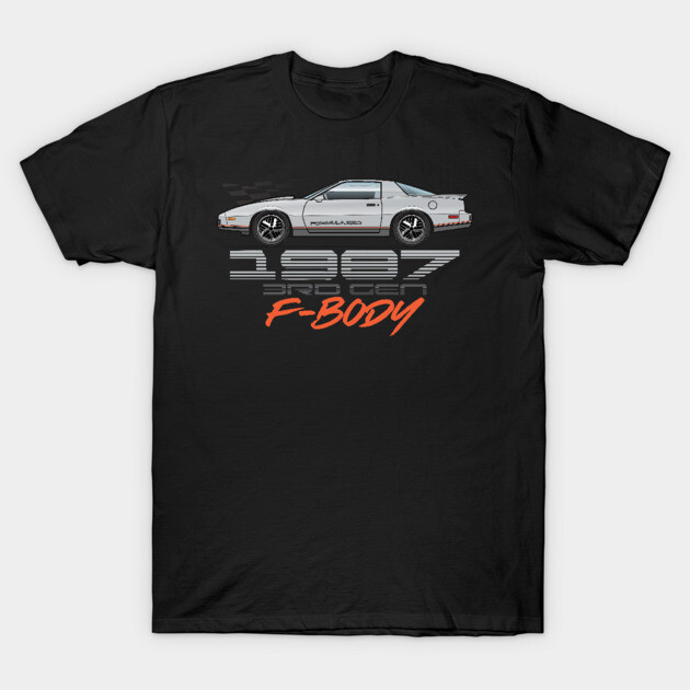Black t-shirt with vintage white car graphic and "1987 F-Body" text, perfect for car enthusiasts and casual style.