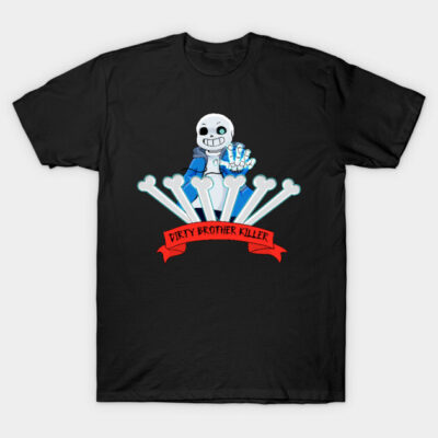 Black graphic t-shirt featuring skeleton character with bones and red banner, ideal for casual wear.