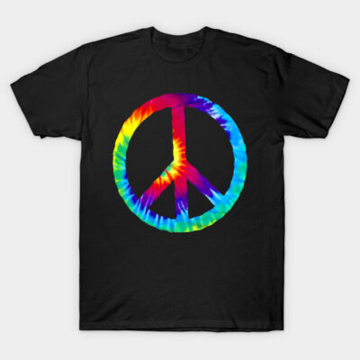 Black T-shirt with colorful tie-dye peace symbol, casual style, 100% cotton, unisex design.