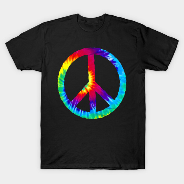 Black T-shirt with colorful tie-dye peace symbol, casual style, 100% cotton, unisex design.