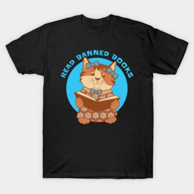 Black t-shirt with "Read Banned Books" cat design, playful style, ideal for book lovers, 100% cotton material.