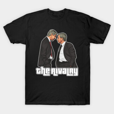 Black cotton T-shirt featuring "The Rivalry" graphic design with two figures facing off, casual fashion style.