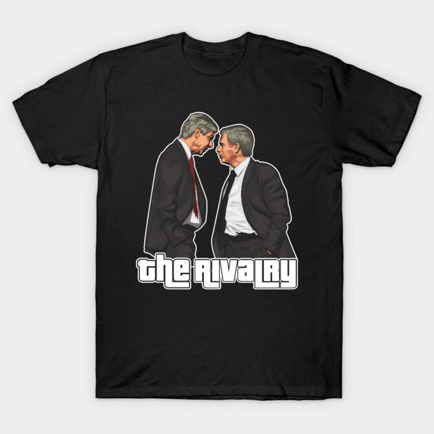 Black cotton T-shirt featuring "The Rivalry" graphic design with two figures facing off, casual fashion style.