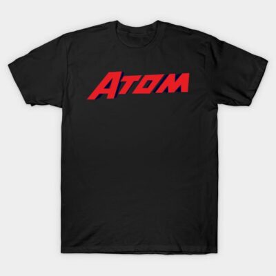 Black t-shirt with bold red "Atom" text design, casual style, made from soft cotton, perfect for everyday wear.