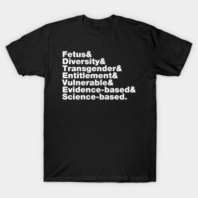 Black cotton t-shirt with white text design featuring words like diversity, transgender, and science-based. Casual wear.
