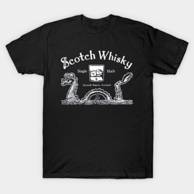 Black t-shirt with white "Scotch Whisky" graphic, featuring dragon design, casual style, cotton material.