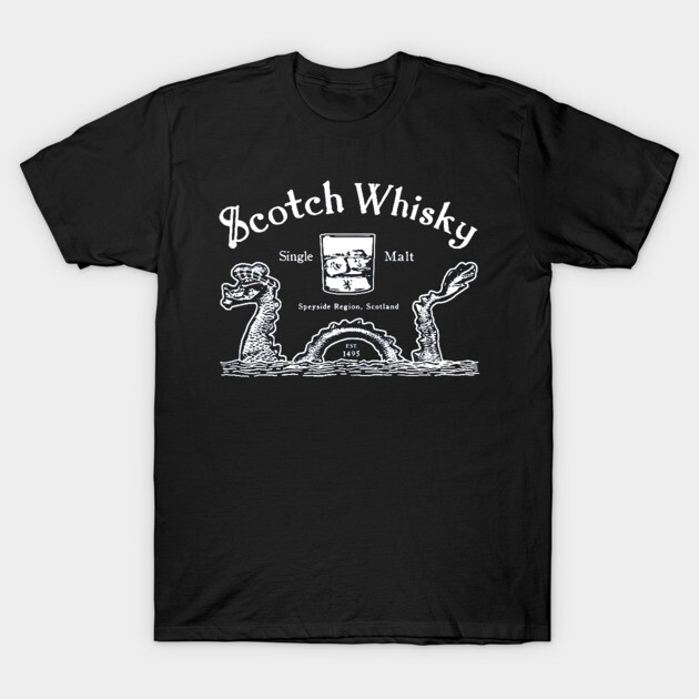 Black t-shirt with white "Scotch Whisky" graphic, featuring dragon design, casual style, cotton material.